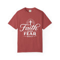  Brick red Christian T-shirt featuring a white “Faith Over Fear Daily” design with a cross on a plain white background.
