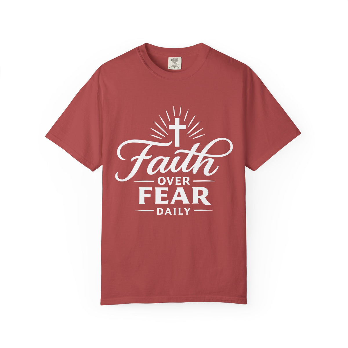  Brick red Christian T-shirt featuring a white “Faith Over Fear Daily” design with a cross on a plain white background.
