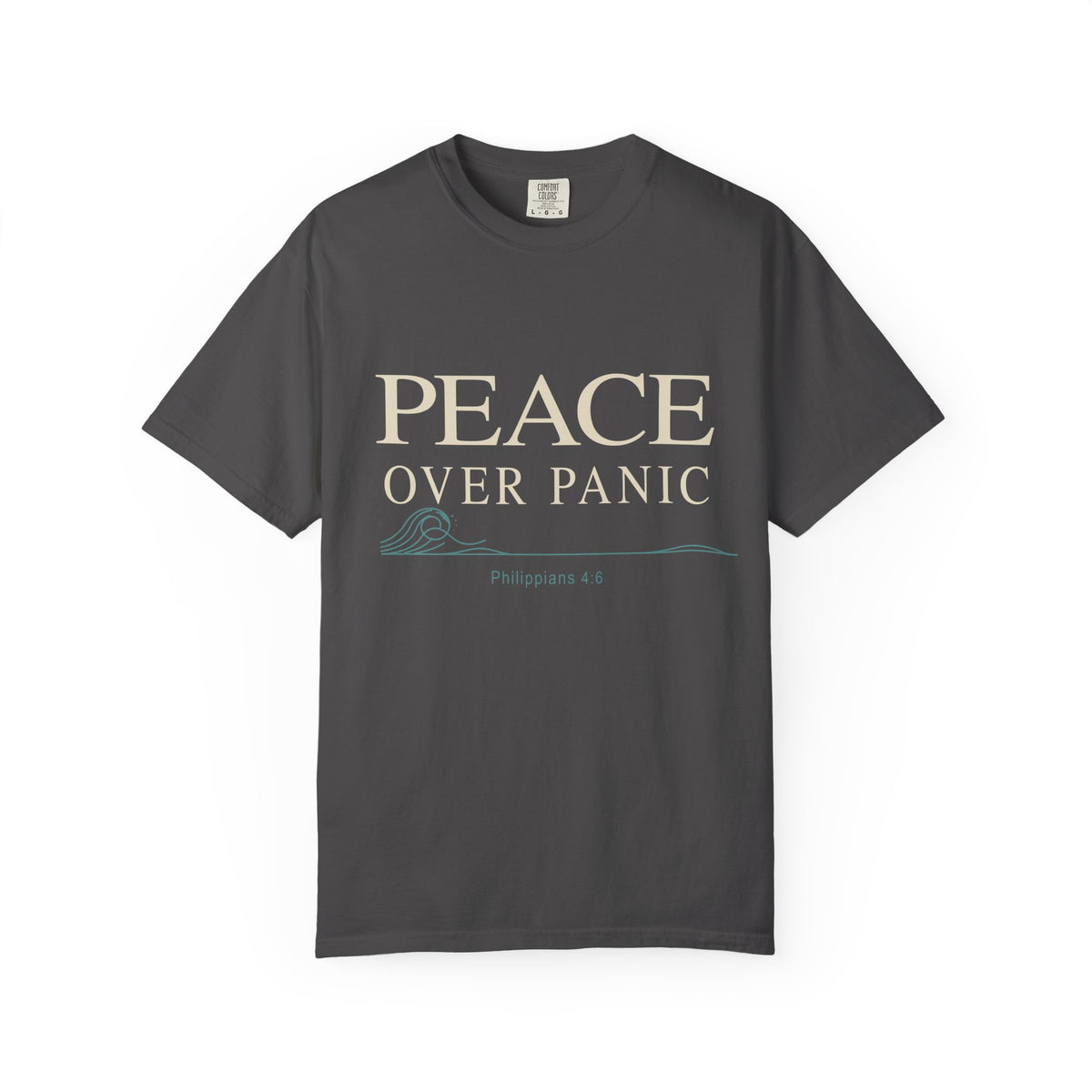Gray Christian T-shirt featuring a “Peace Over Panic” design with a wave and Philippians 4:6 on a plain white background.