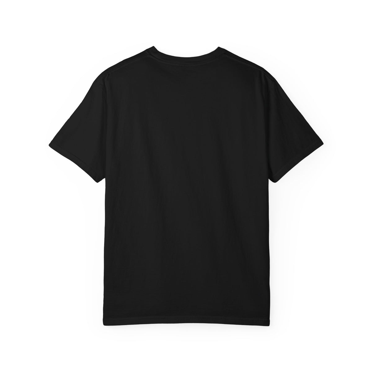 Back view of black Christian T-shirt showing the plain undecorated back of the garment.