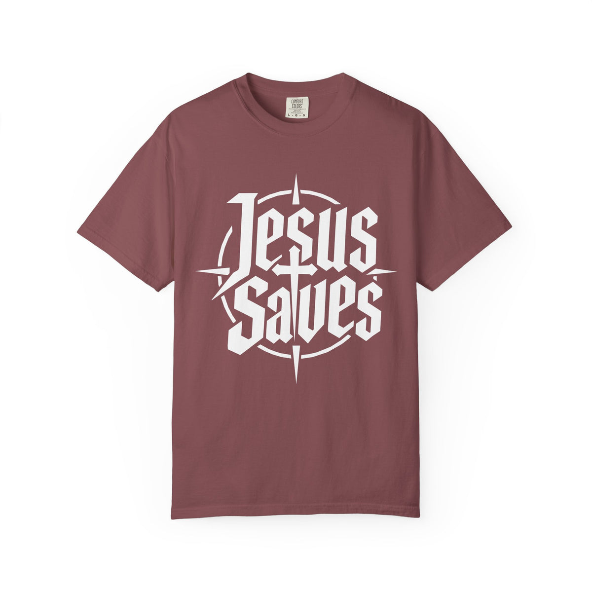 Brick red Christian T-shirt featuring a bold white “Jesus Saves” typographic compass design on a plain white background.