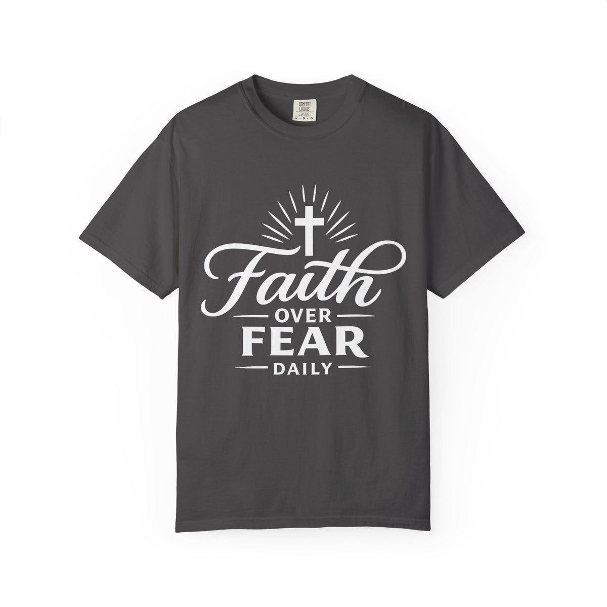 Gray Christian T-shirt featuring a white “Faith Over Fear Daily” design with a cross on a plain white background.
