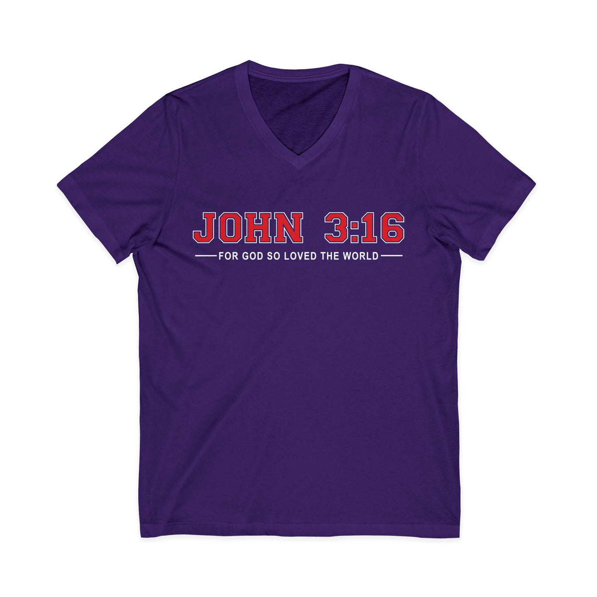 Purple John 3:16 Christian V-neck T-shirt featuring “For God So Loved the World” Scripture typography on a white background.