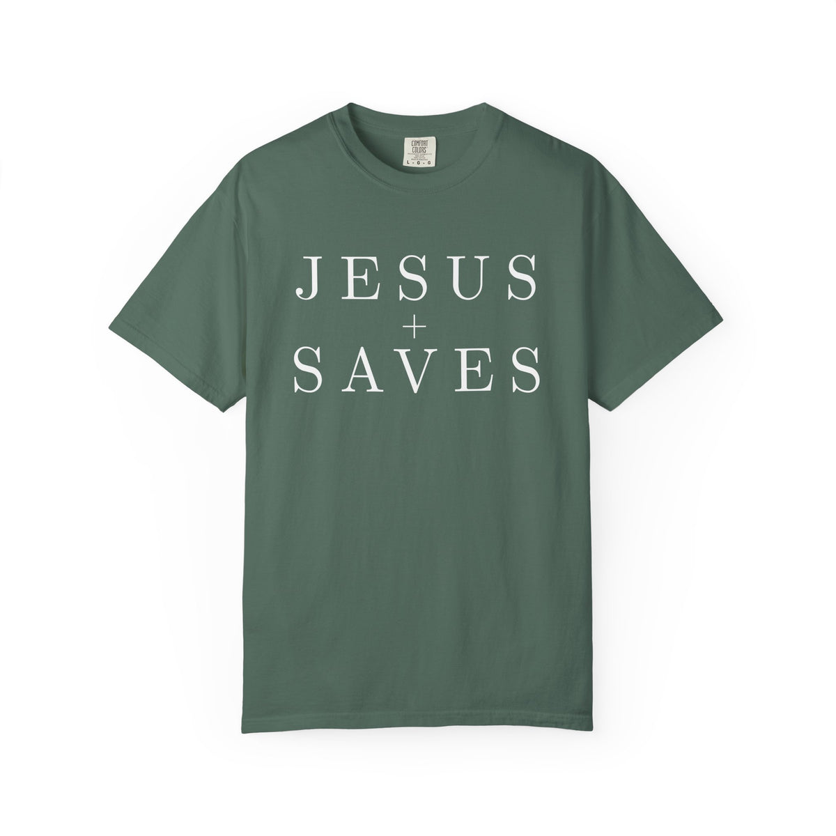 Seafoam Christian T-shirt featuring a minimalist white “Jesus Saves” serif typography design with decorative detail.