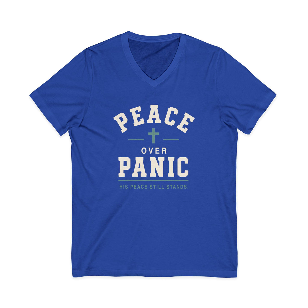 Royal blue V-neck t-shirt with a graphic on the front reading 'PEACE OVER PANIC' and 'HIS PEACE STILL STANDS' with a cross, displayed on a solid white background.