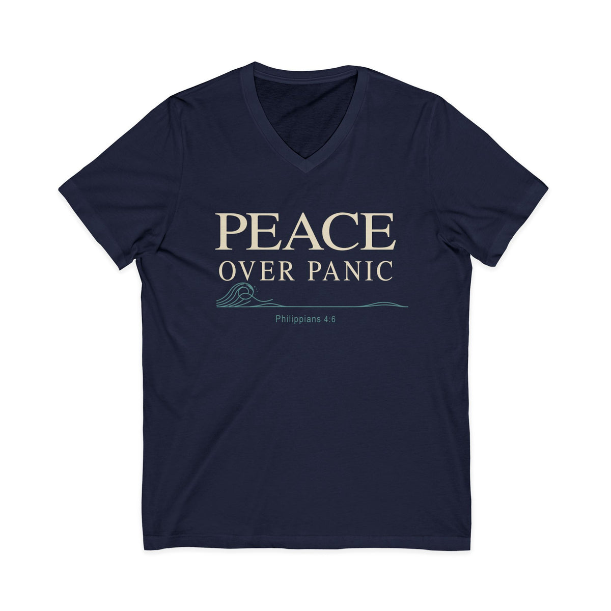 Navy blue V-neck Christian T-shirt featuring a “Peace Over Panic” design with a wave and Philippians 4:6 on a plain white background.