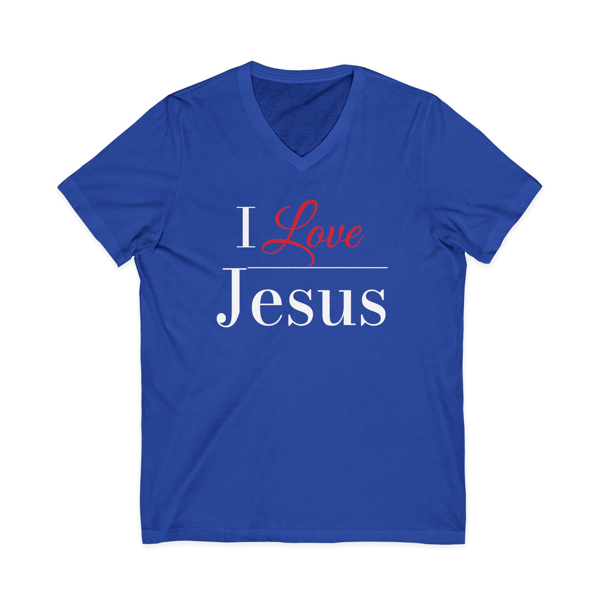 Royal blue V-neck Christian T-shirt featuring an “I Love Jesus” design in white and red on a plain white background.