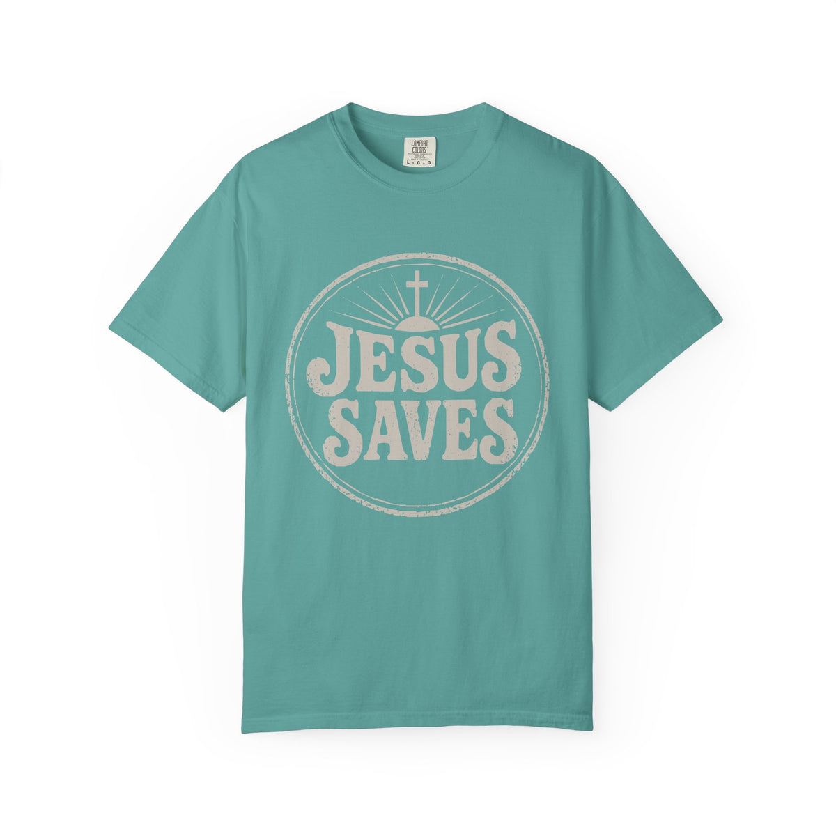 Teal Christian T-shirt featuring a vintage “Jesus Saves” design with a cross on a plain white background.