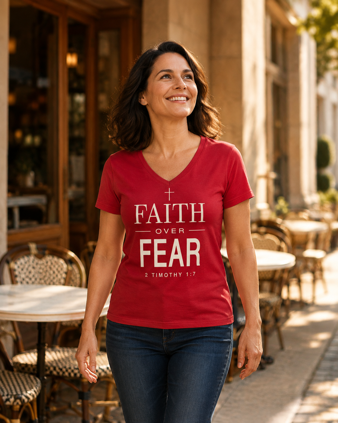 A woman walking outdoors on a sunny street wearing a red V-neck t-shirt with the text 'FAITH OVER FEAR 2 TIMOTHY 1:7' in white, paired with dark blue jeans.