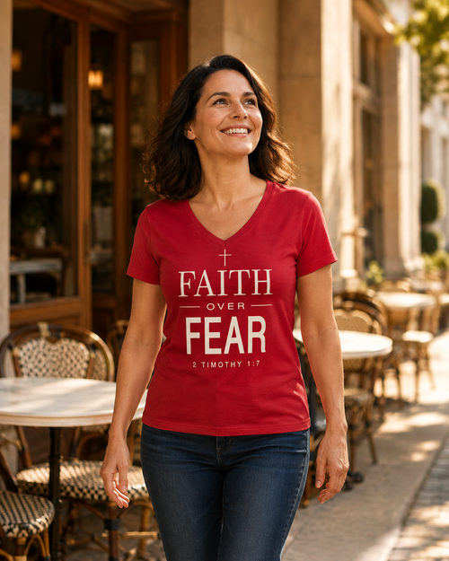 A woman walking outdoors on a sunny street wearing a red V-neck t-shirt with the text 'FAITH OVER FEAR 2 TIMOTHY 1:7' in white, paired with dark blue jeans.