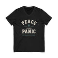 Black V-neck t-shirt with a graphic on the front reading 'PEACE OVER PANIC' and 'HIS PEACE STILL STANDS' with a cross, displayed on a solid white background.