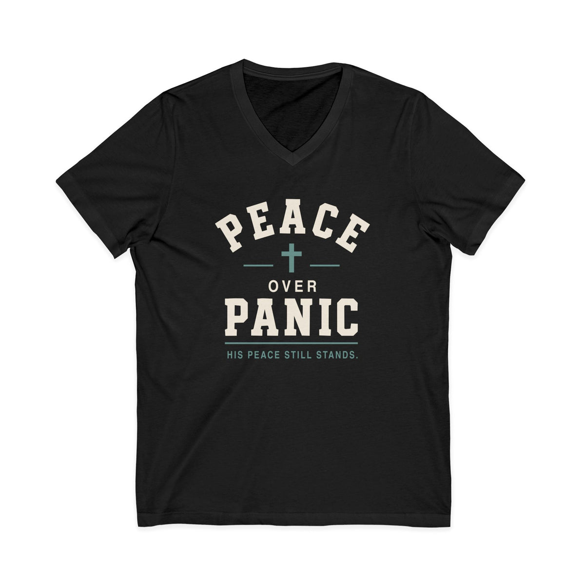 Black V-neck t-shirt with a graphic on the front reading 'PEACE OVER PANIC' and 'HIS PEACE STILL STANDS' with a cross, displayed on a solid white background.