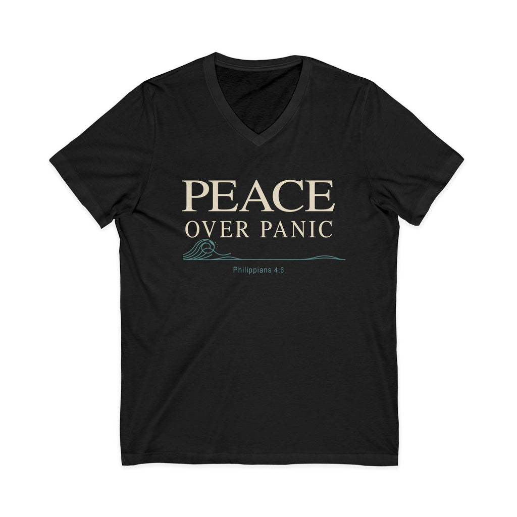 Black V-neck Christian T-shirt featuring a “Peace Over Panic” design with a wave and Philippians 4:6 on a plain white background.