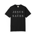 Black Jesus Saves shirt with white minimalist serif typography