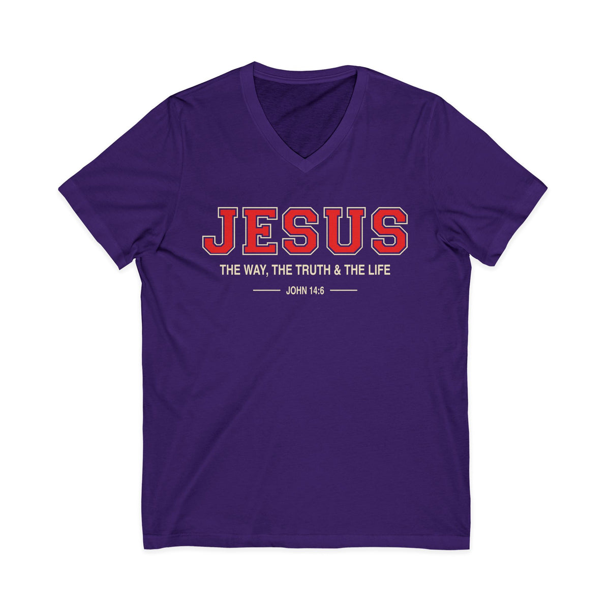 Purple V-neck Christian T-shirt reading “Jesus—The Way, the Truth & the Life” with John 14:6 on a plain white background.