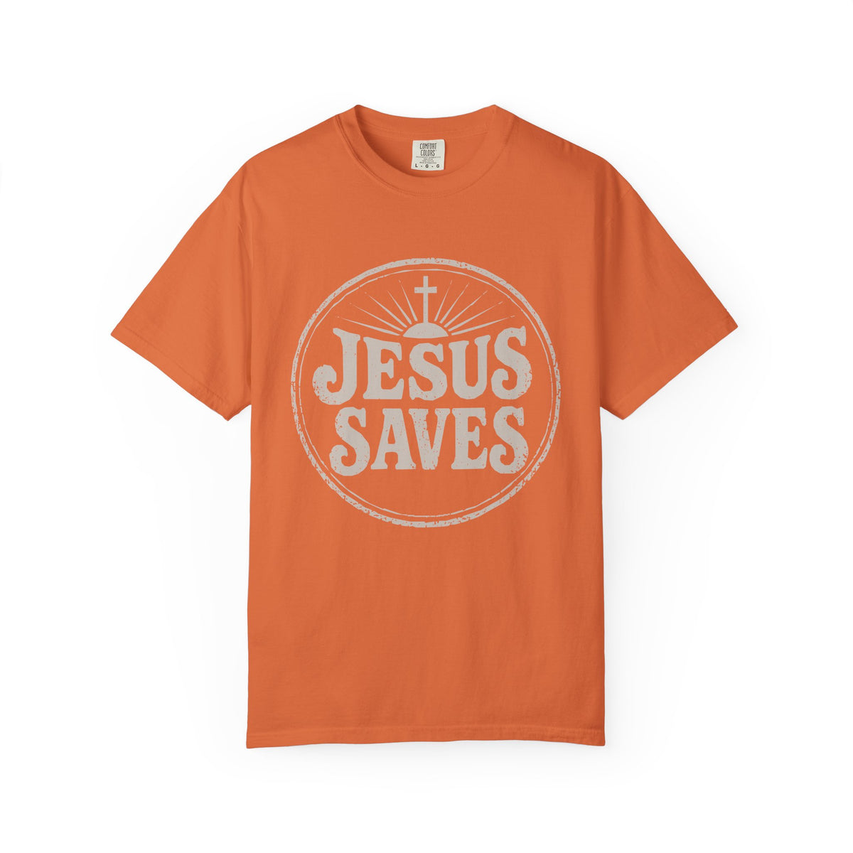 Orange Christian T-shirt featuring a vintage “Jesus Saves” design with a cross on a plain white background.