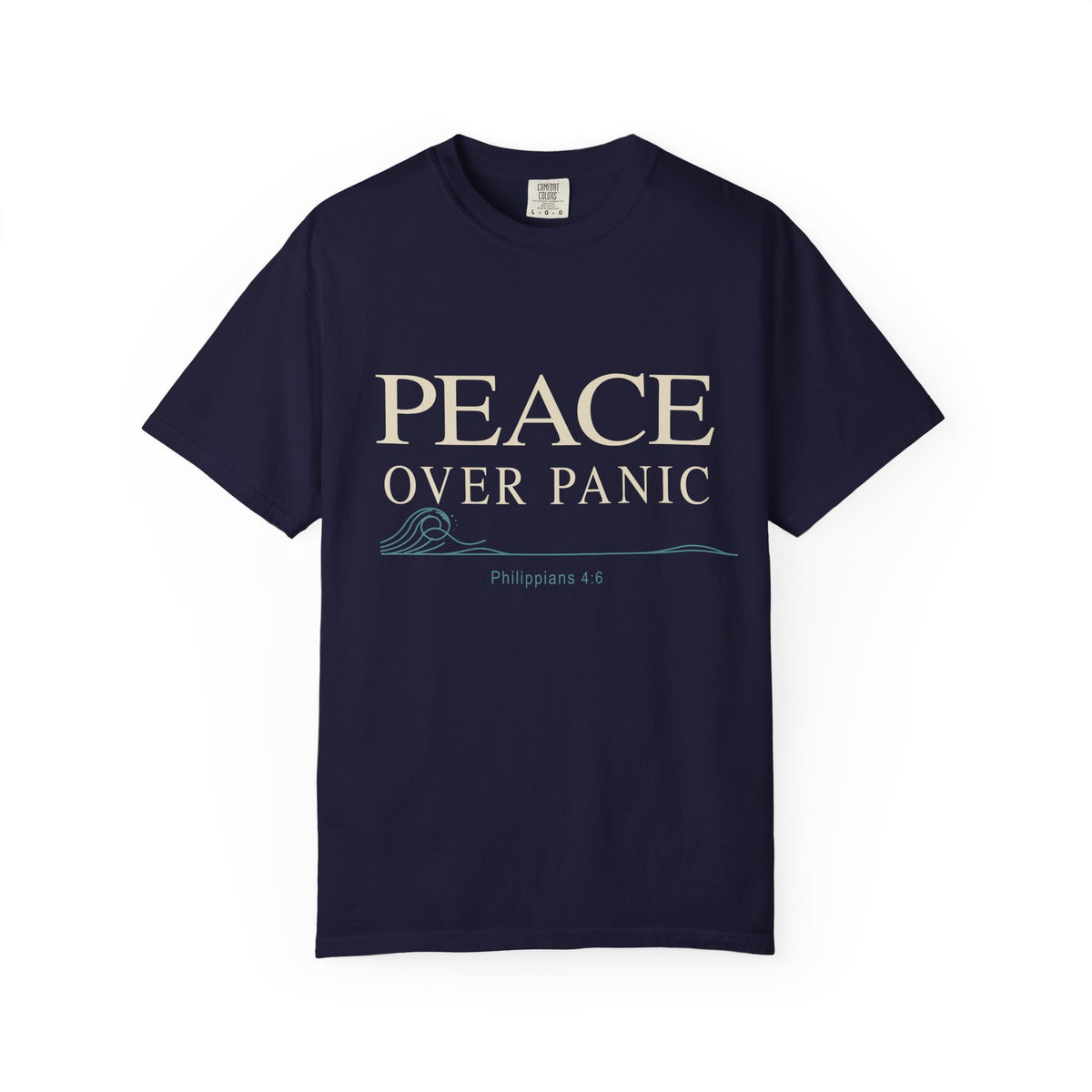 Navy blue Christian T-shirt featuring a “Peace Over Panic” design with a wave and Philippians 4:6 on a plain white background.