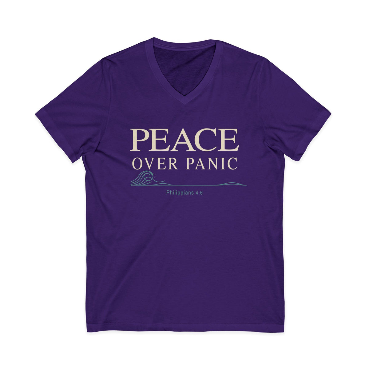 Purple V-neck Christian T-shirt featuring a “Peace Over Panic” design with a wave and Philippians 4:6 on a plain white background.