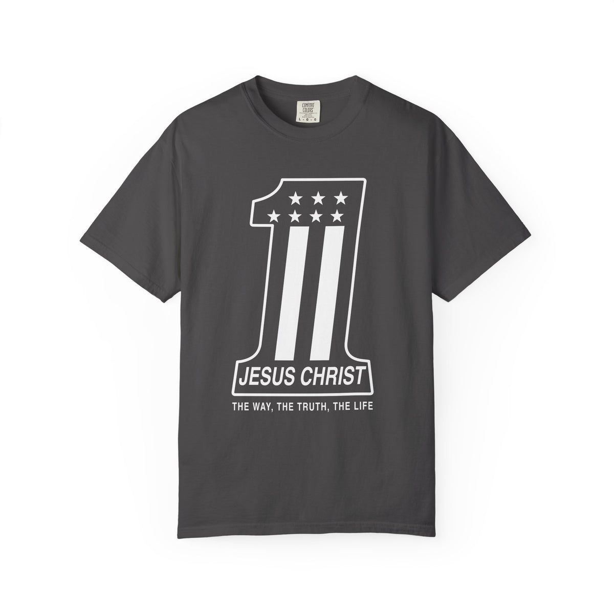 Gray Christian T-shirt featuring a number one Jesus Christ design and “The Way, the Truth, the Life” on a plain white background.