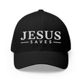 A black baseball cap with 'JESUS SAVES' embroidered in white across the front, shown on a clean white background.