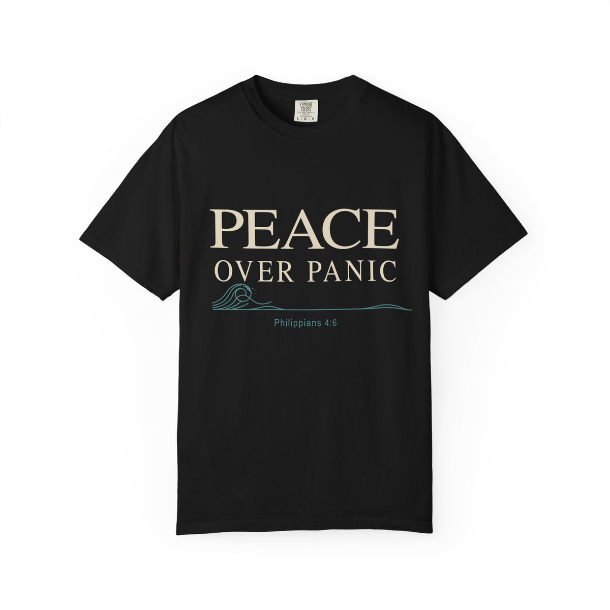 Black Christian T-shirt featuring a “Peace Over Panic” design with a wave and Philippians 4:6 on a plain white background.