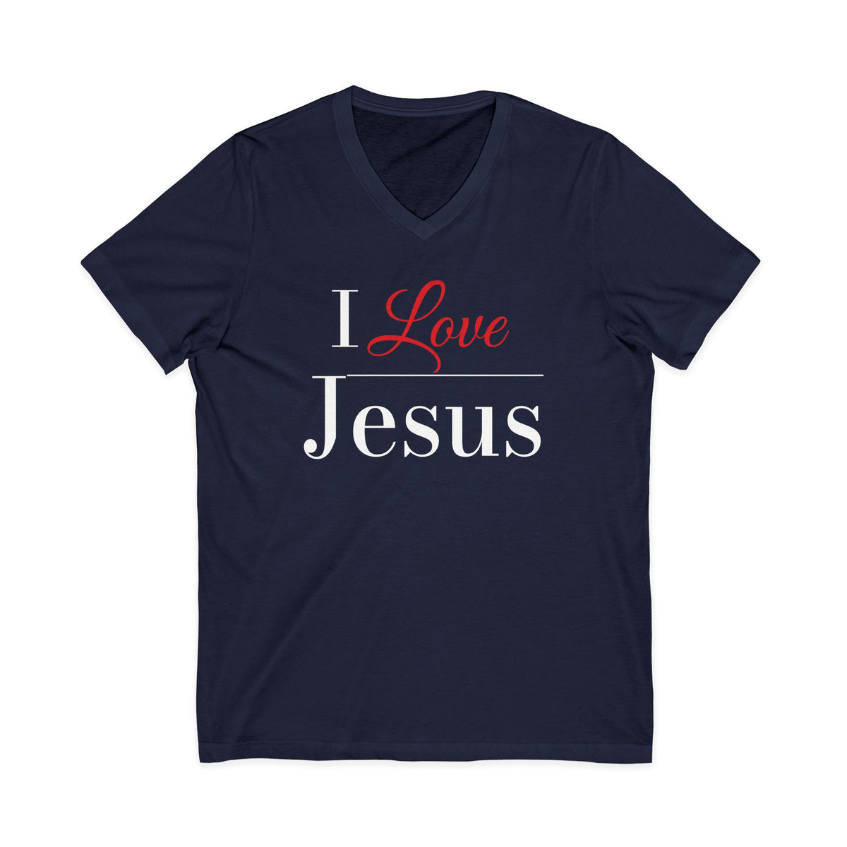 Navy blue V-neck Christian T-shirt featuring an “I Love Jesus” design in white and red on a plain white background.