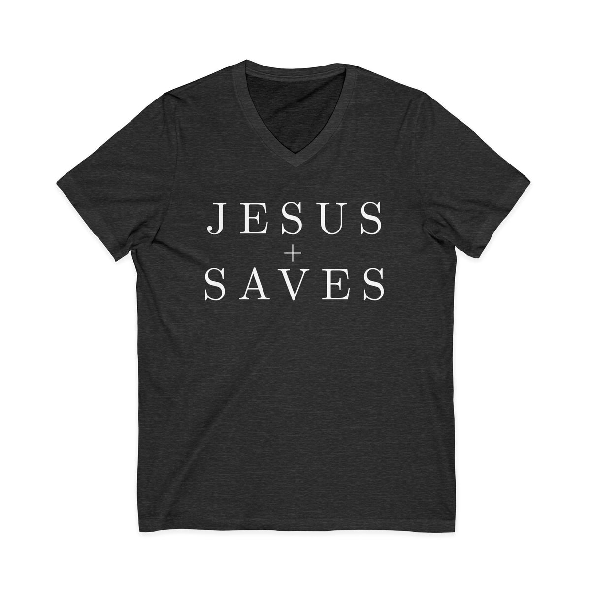 Dark gray V-neck Christian T-shirt featuring a minimalist white “Jesus Saves” design with a cross on a plain white background.