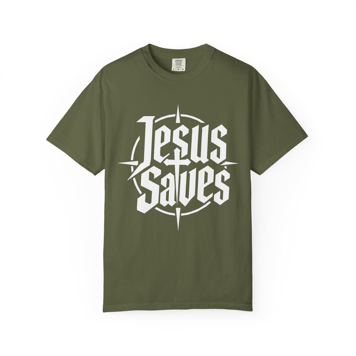 Olive green Christian T-shirt featuring a bold white “Jesus Saves” typographic compass design on a plain white background.
