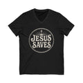 Black V-neck Christian T-shirt featuring a vintage “Jesus Saves” design with a cross on a plain white background.