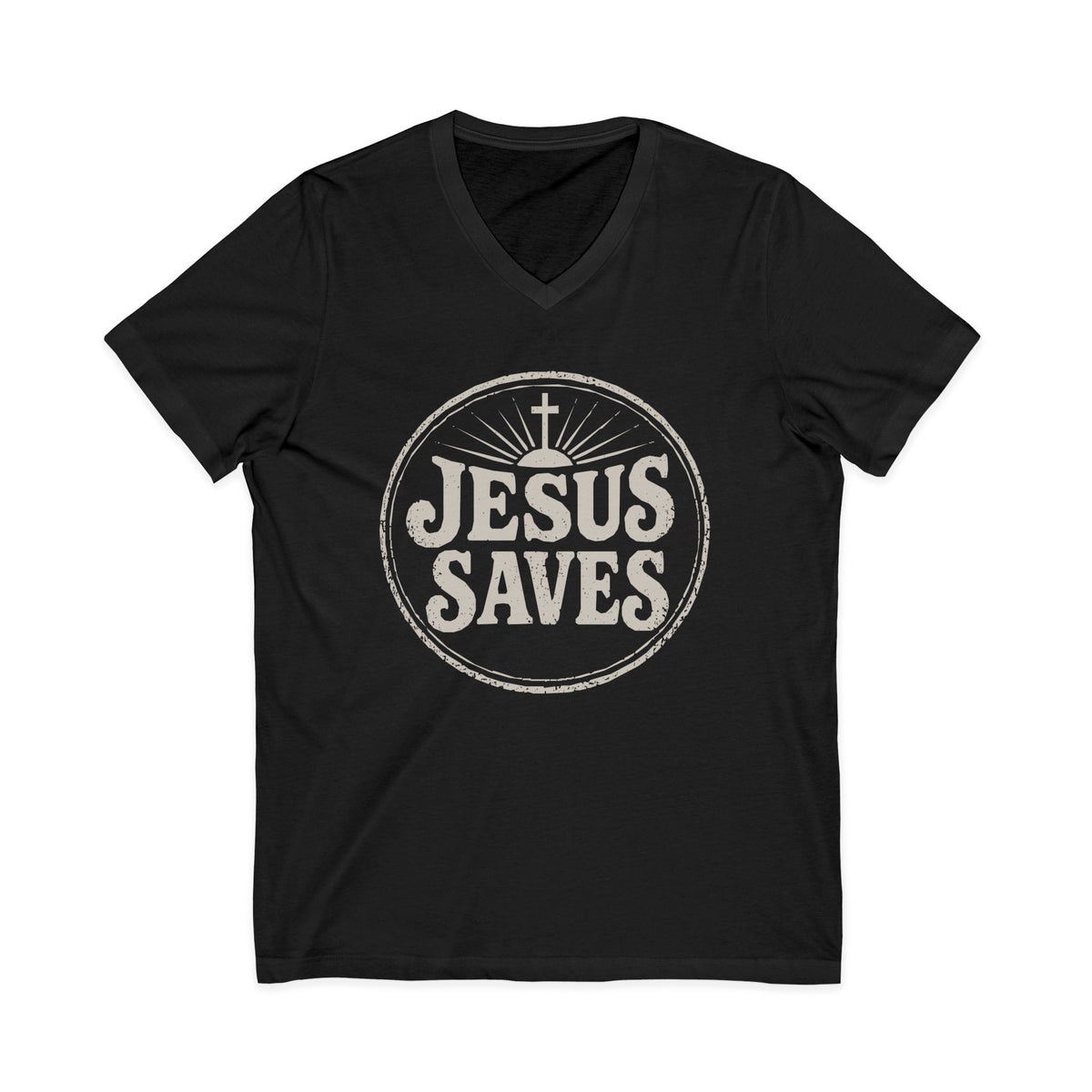 Black V-neck Christian T-shirt featuring a vintage “Jesus Saves” design with a cross on a plain white background.