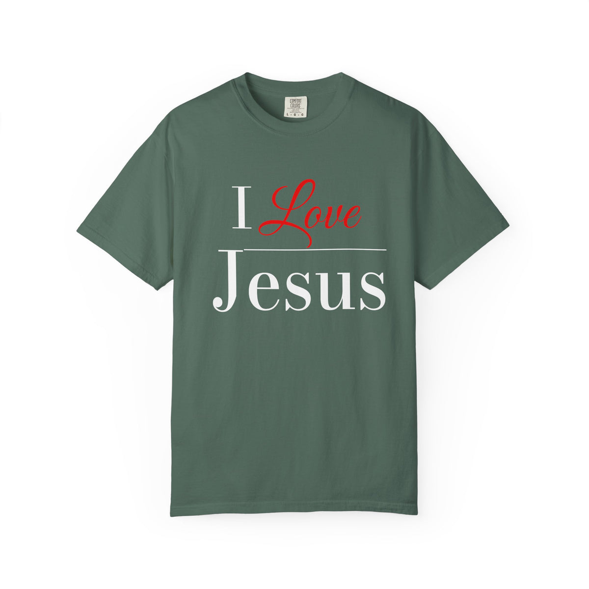 Light green crewneck t-shirt with a graphic print on the chest reading 'I Love Jesus' in white and red text, displayed flat against a white background.