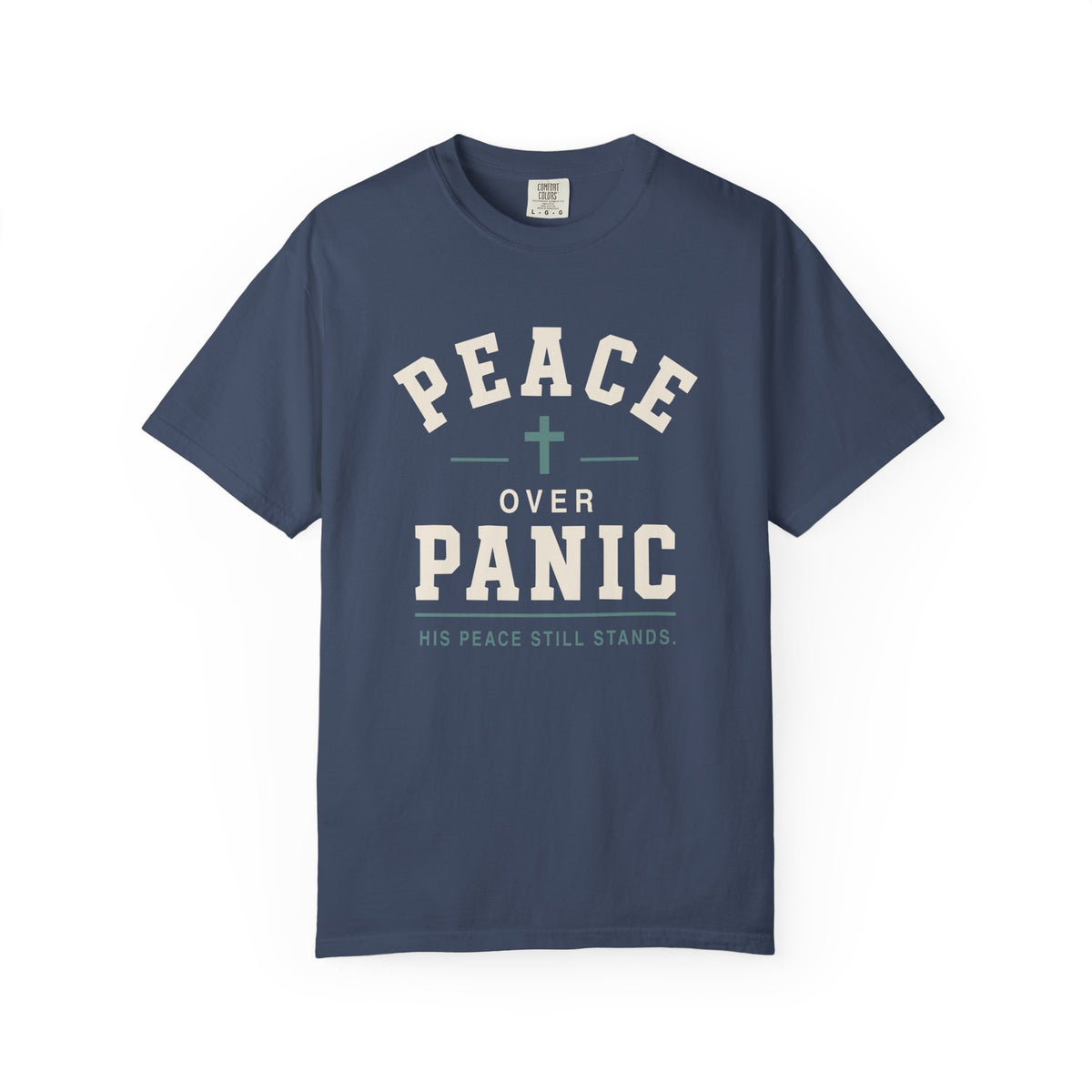 Blue Christian T-shirt featuring a “Peace Over Panic—His Peace Still Stands” design with a cross on a plain white background.