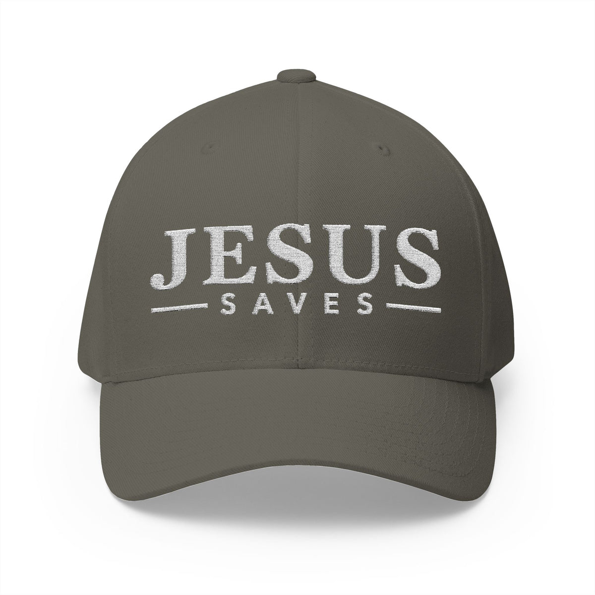 A gray baseball cap with 'JESUS SAVES' embroidered in white across the front, shown on a clean white background.