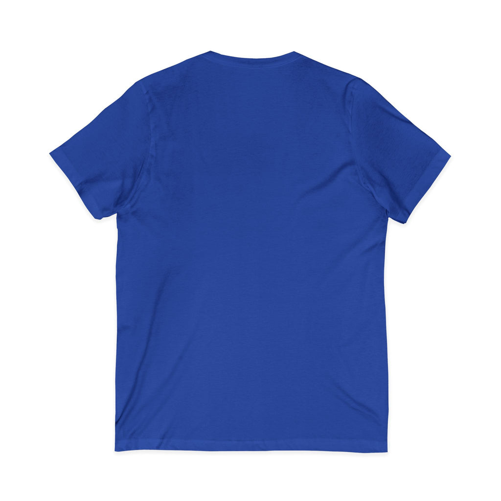 Back view of Royal Blue Jesus Saves Minimalist V-Neck Christian T-shirt showing plain back and short-sleeve V-neck fit.