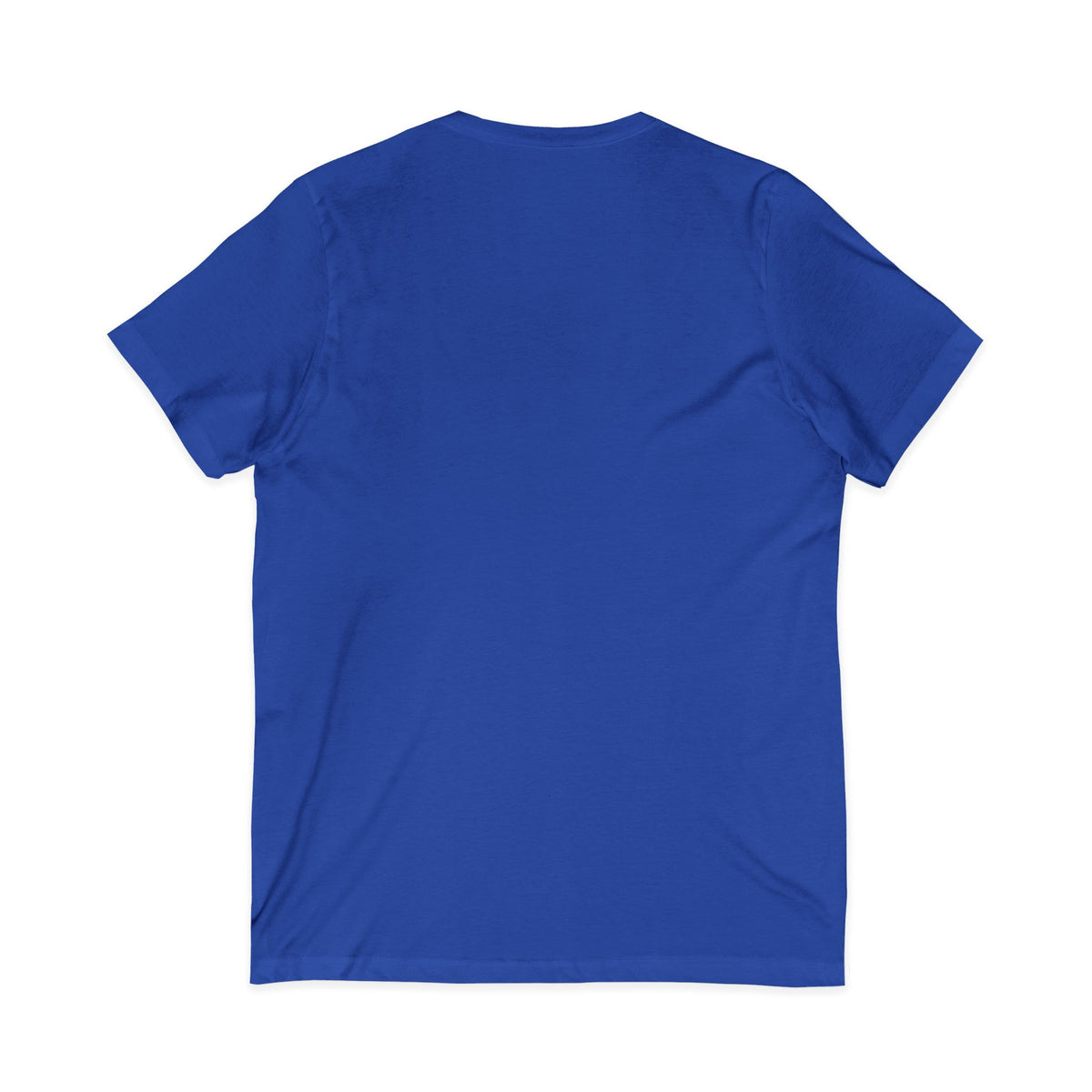Back view of Royal Blue Jesus Saves Minimalist V-Neck Christian T-shirt showing plain back and short-sleeve V-neck fit.