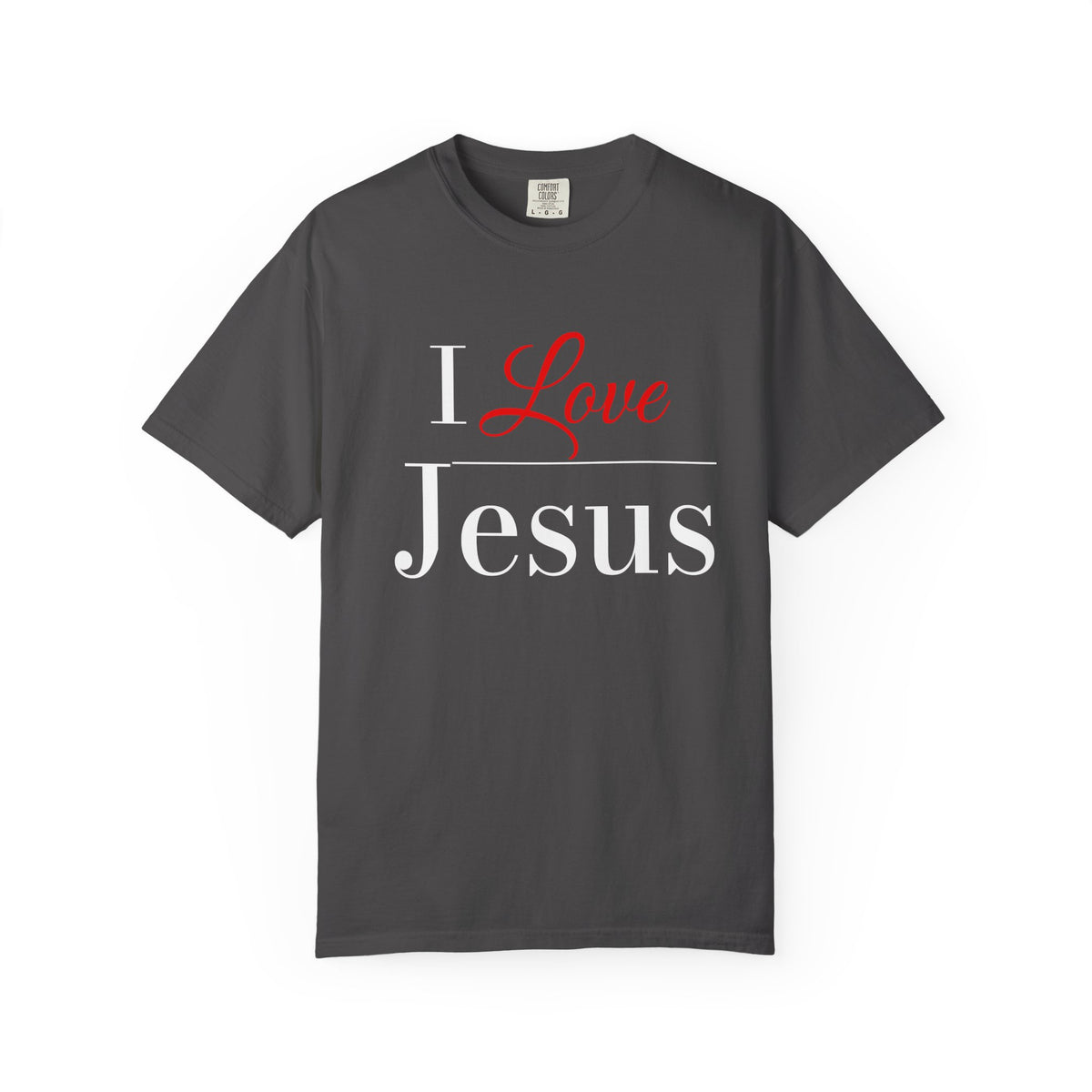 Dark gray crewneck t-shirt with a graphic print on the chest reading 'I Love Jesus' in white and red text, displayed flat against a white background.