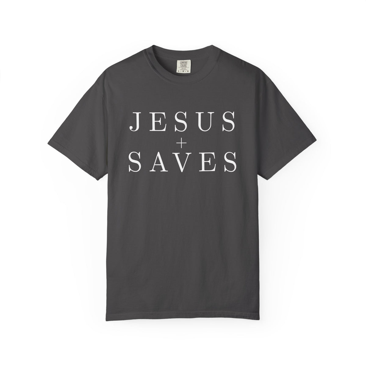 Gray Christian T-shirt featuring a minimalist white “Jesus Saves” serif typography design with decorative detail.