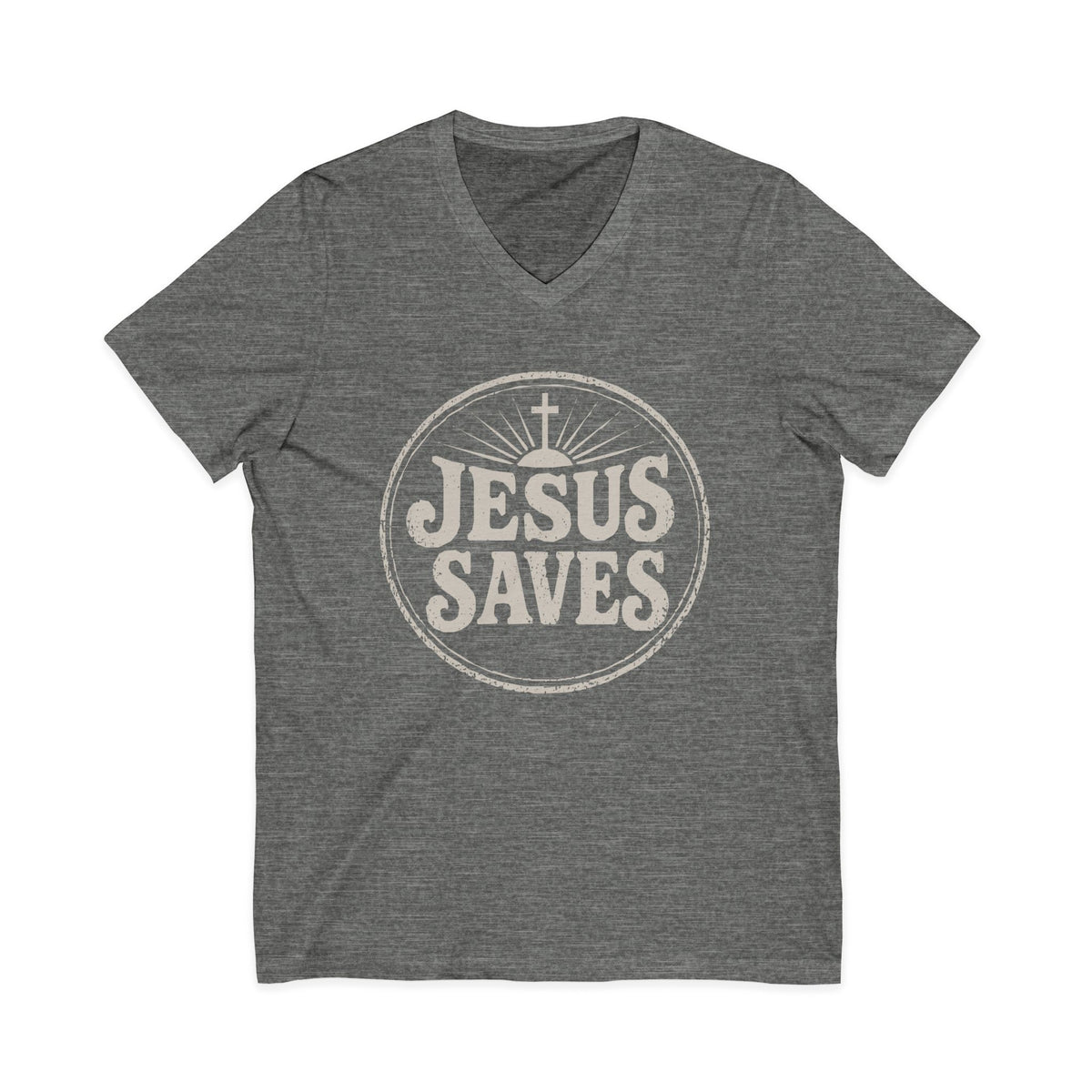 Light gray V-neck Christian T-shirt featuring a vintage “Jesus Saves” design with a cross on a plain white background.