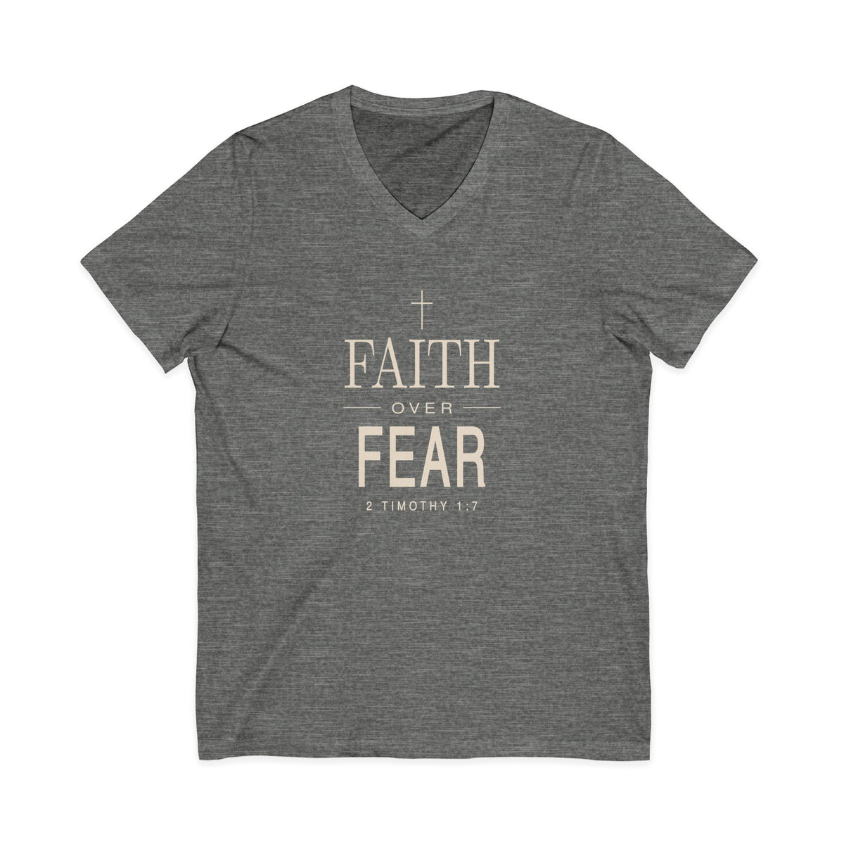 Light gray V-neck Christian T-shirt featuring a “Faith Over Fear” design with a cross and 2 Timothy 1:7 on a plain white background.