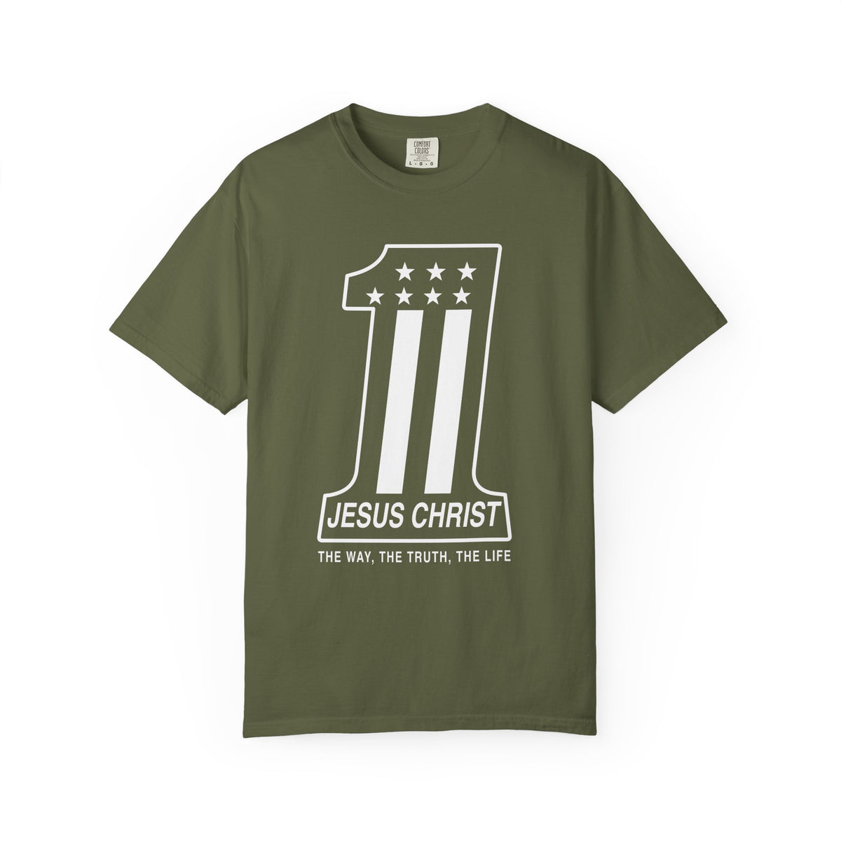 Olive green Christian T-shirt featuring a number one Jesus Christ design and “The Way, the Truth, the Life” on a plain white background.