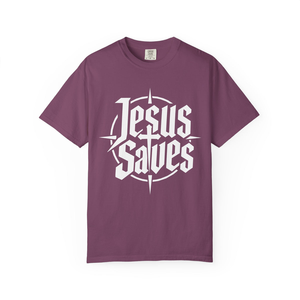 Plum Christian T-shirt featuring a bold white “Jesus Saves” typographic compass design on a plain white background.