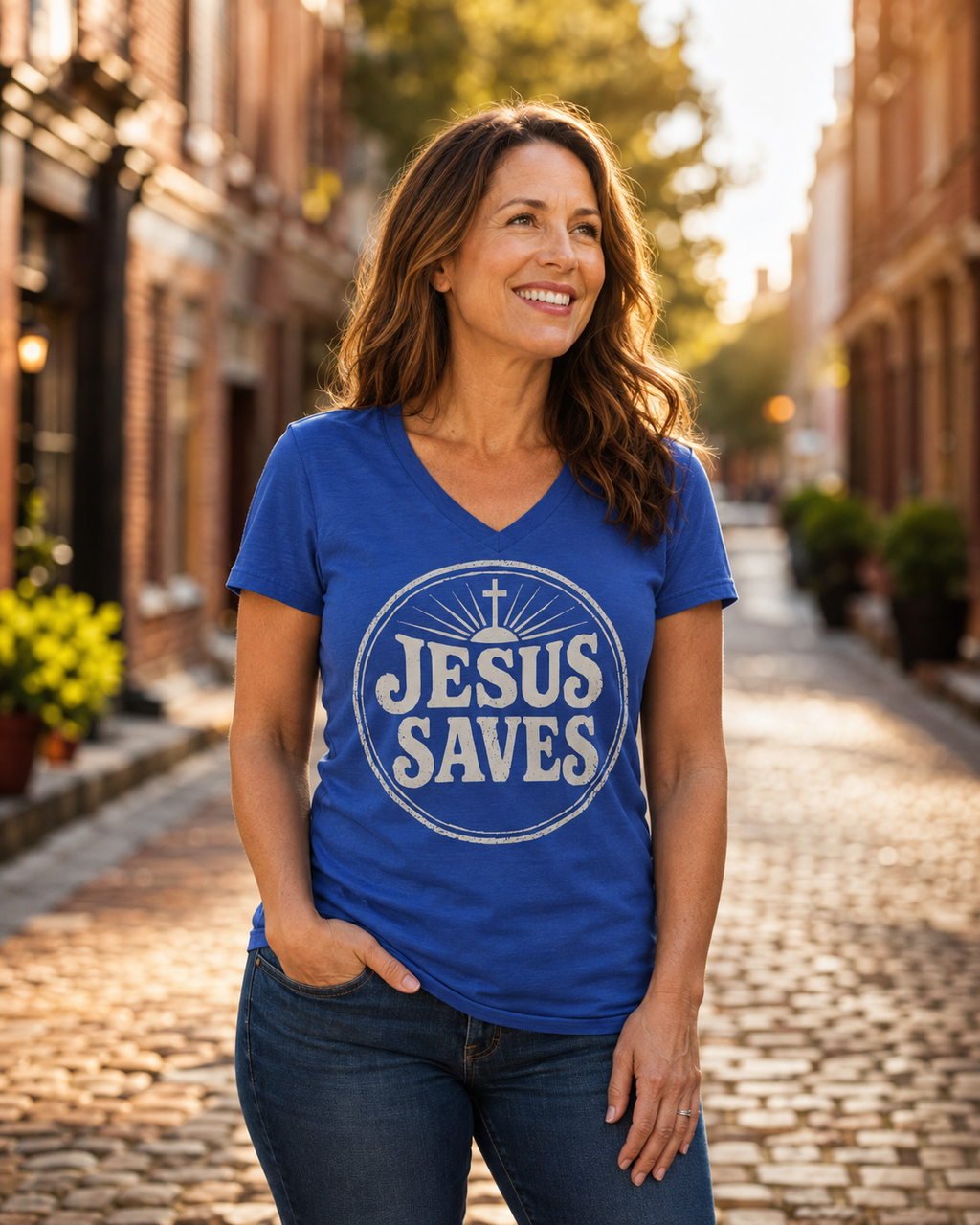 A woman standing on a cobblestone street wearing a royal blue V-neck t-shirt with a distressed white graphic that reads 'JESUS SAVES' inside a circle with a cross.