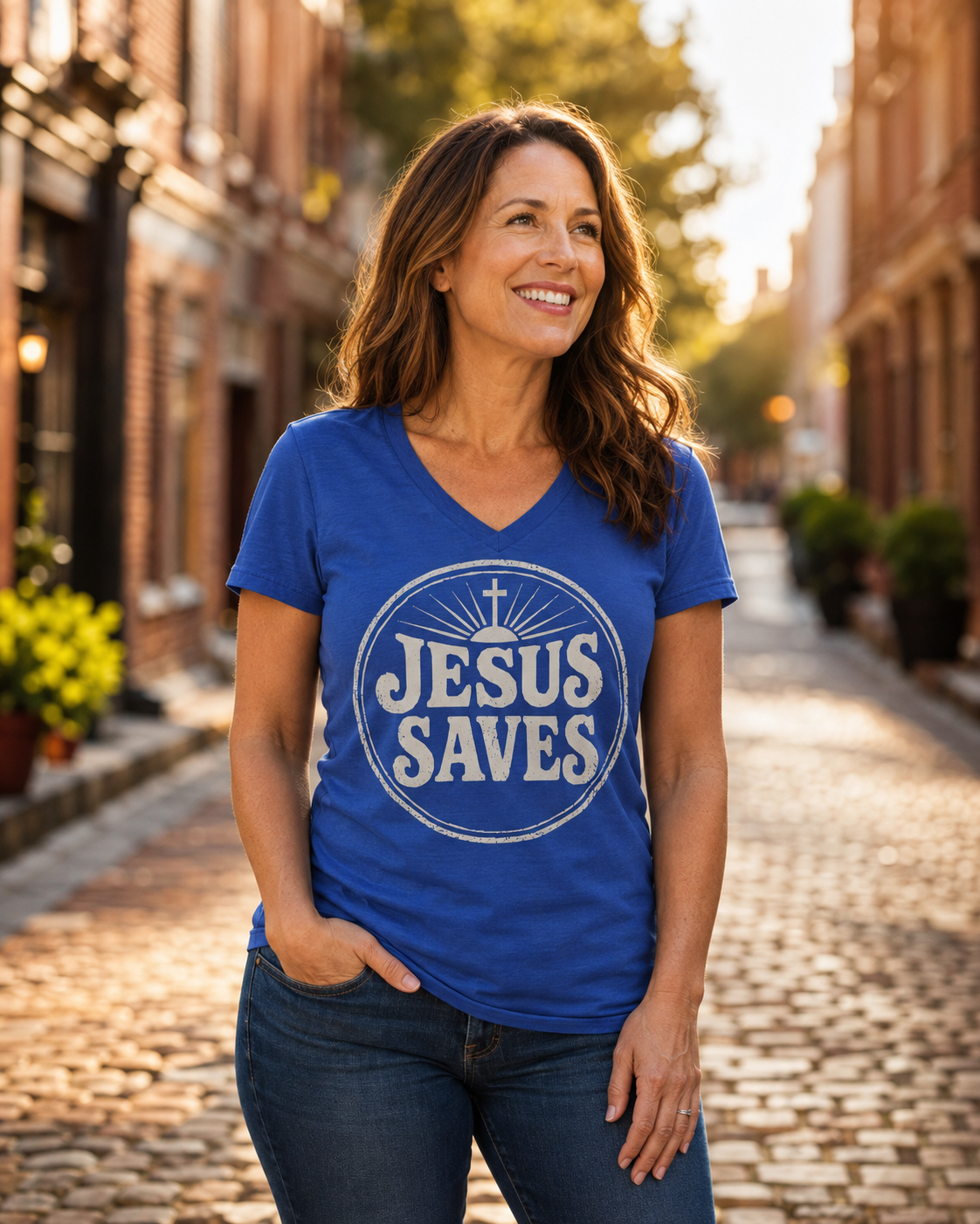 A woman standing on a cobblestone street wearing a royal blue V-neck t-shirt with a distressed white graphic that reads 'JESUS SAVES' inside a circle with a cross.