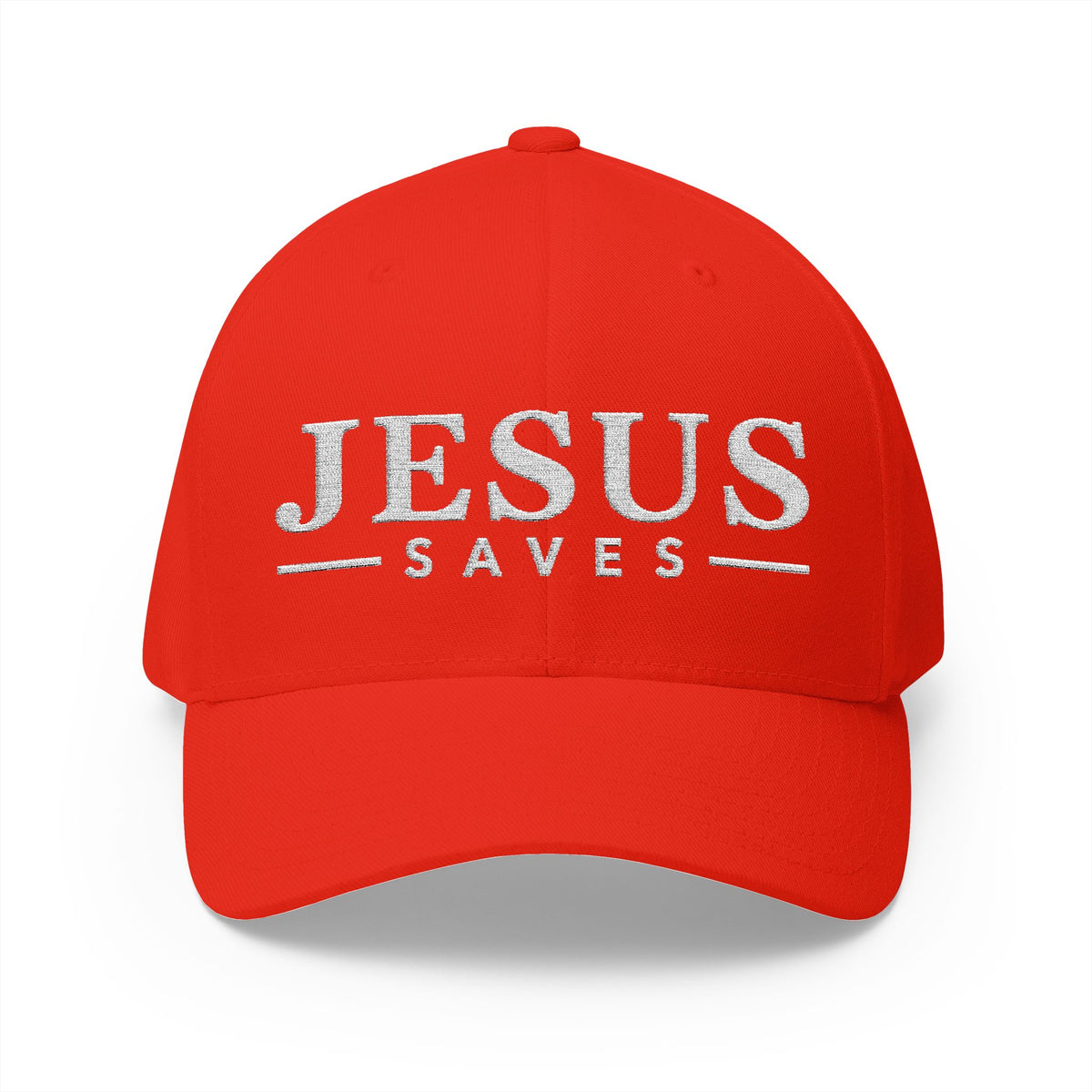 A bright red baseball cap with 'JESUS SAVES' embroidered in white across the front, shown on a clean white background.