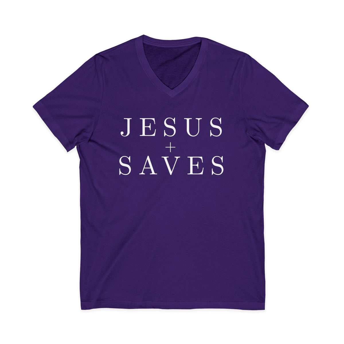 Purple V-neck Christian T-shirt featuring a minimalist white “Jesus Saves” design with a cross on a plain white background.