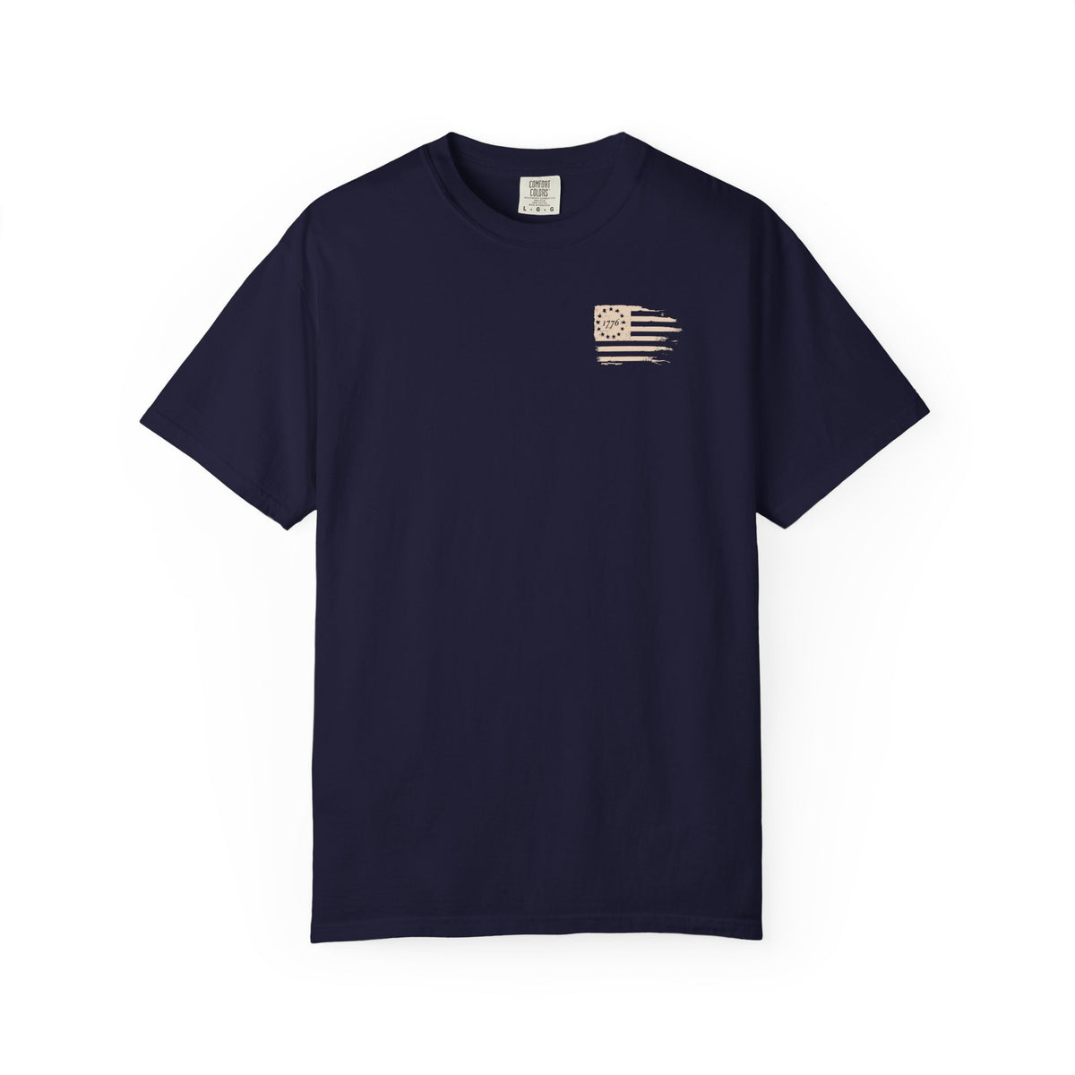 Navy crew-neck Christian T-shirt front mockup with small cream distressed 1776 American flag chest design.
