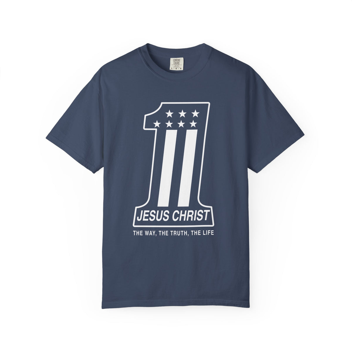 Blue Christian T-shirt featuring a number one Jesus Christ design and “The Way, the Truth, the Life” on a plain white background.