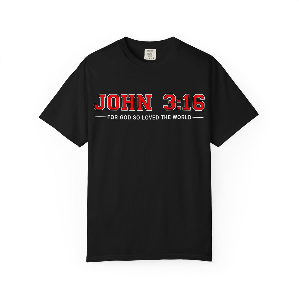 Black John 3:16 Christian T-shirt with Scripture typography