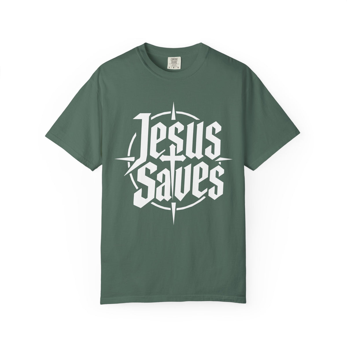 Light green Christian T-shirt featuring a bold white “Jesus Saves” typographic compass design on a plain white background.
