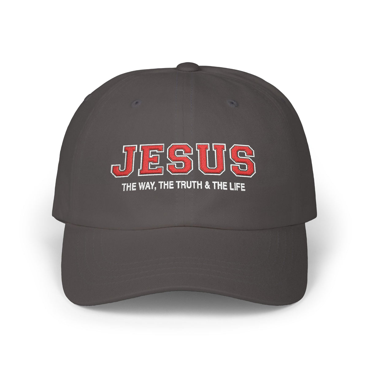 Dark grey Jesus Christian baseball hat embroidered with red JESUS lettering and “The Way, The Truth & The Life” on a plain white background